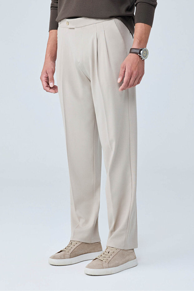 Men's Viscose Blended Side Buckle Pleated Baggy Trousers Beige 0171Dngr