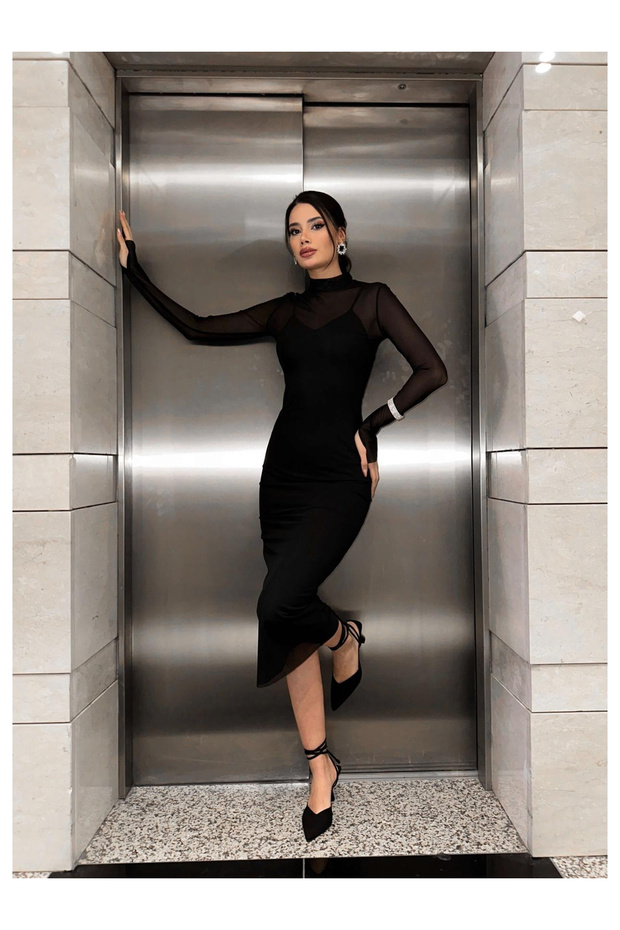 Black Transparent Tulle Outside and Straps Inside, Midi Length Stylish Event Dress