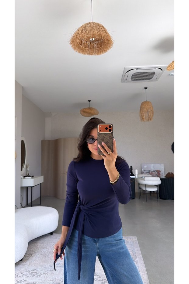 Navy Blue Tie-Up Imported Fabric Blouse