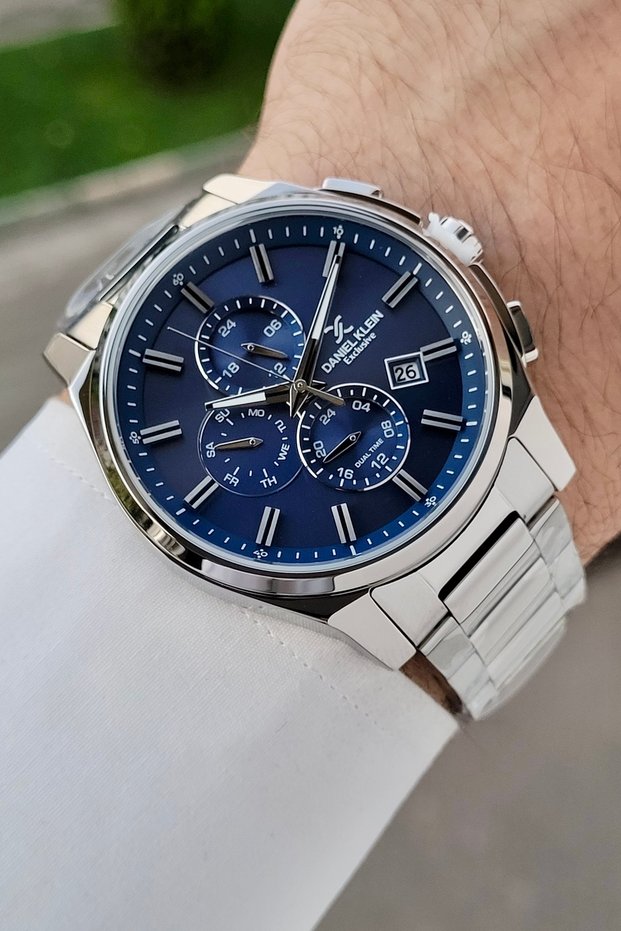 Dial in Navy Blue, Strap in Gray Color, 44 Mm, Functional, Same as in the Image, Men's Wristwatch