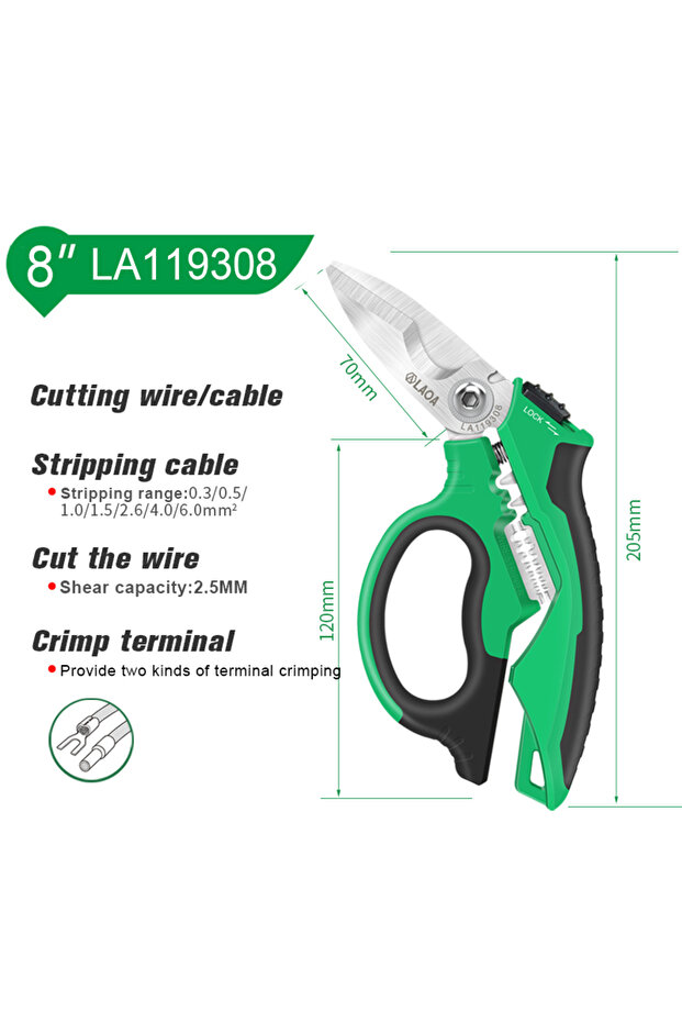 8 inch LAOA 8 Inch Multifunctional Electrician Scissors Heavy Duty Curved Shears Wire Stripping Cabl
