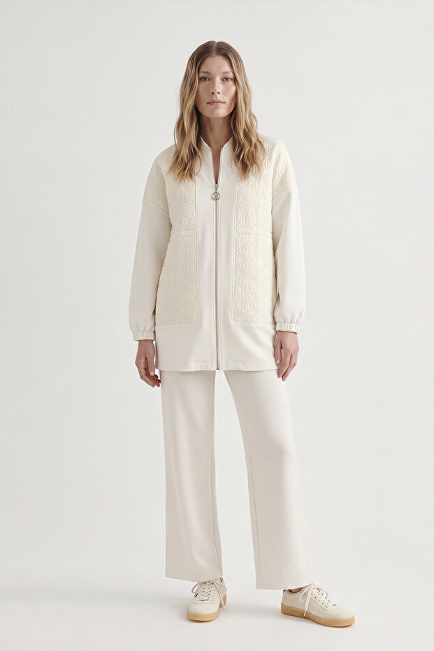 Waist Drawstring Zippered Jacket Pantalon Double Cream Set 1683