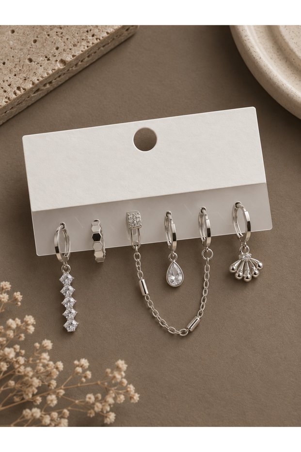 Silver Color Brass Zircon Stone Detailed 6-Piece Earring Combination Set