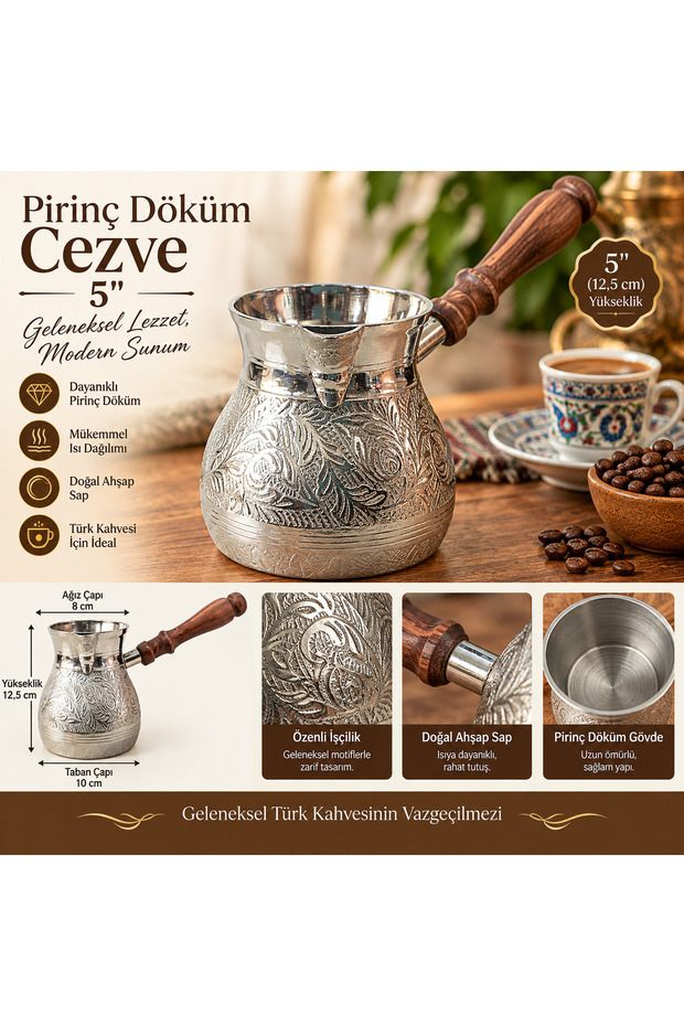 Brass Coffee Pot 5" Jumbo Size with Wooden Handle