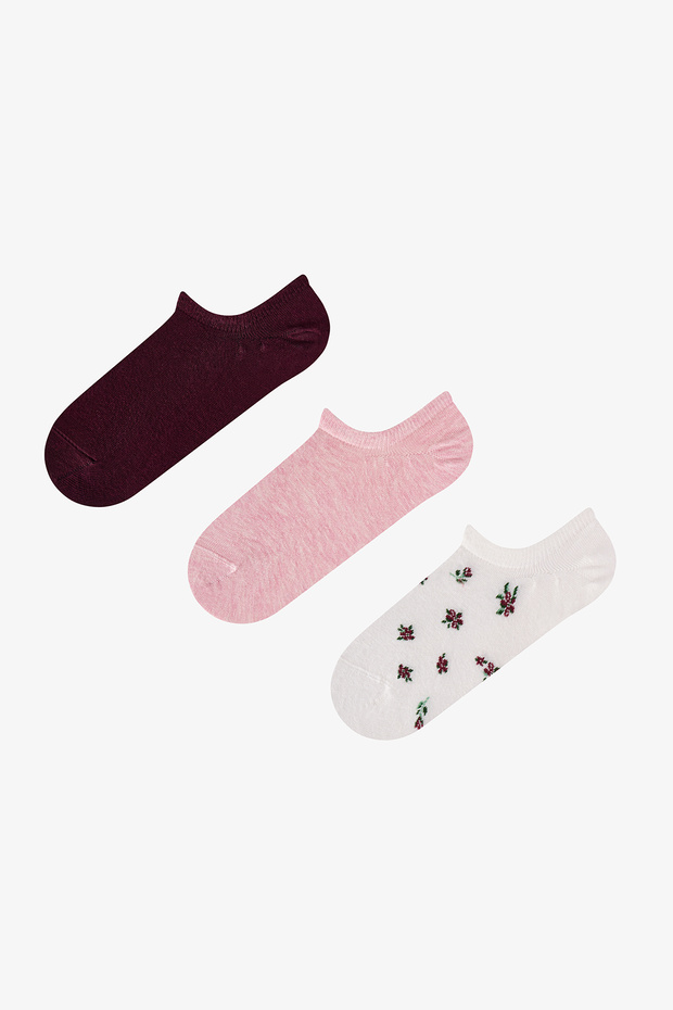 White Pink Soft Garden Floral Patterned Cotton 3 Pairs Sneaker Socks