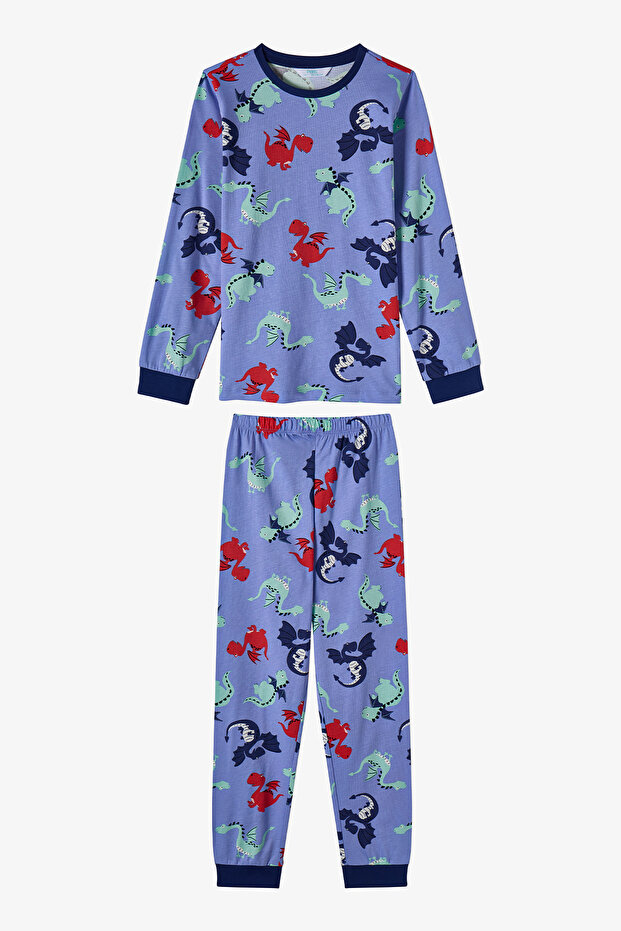 Boy's Lilac Dragon Repeat Cotton Long Sleeve Pajama Set
