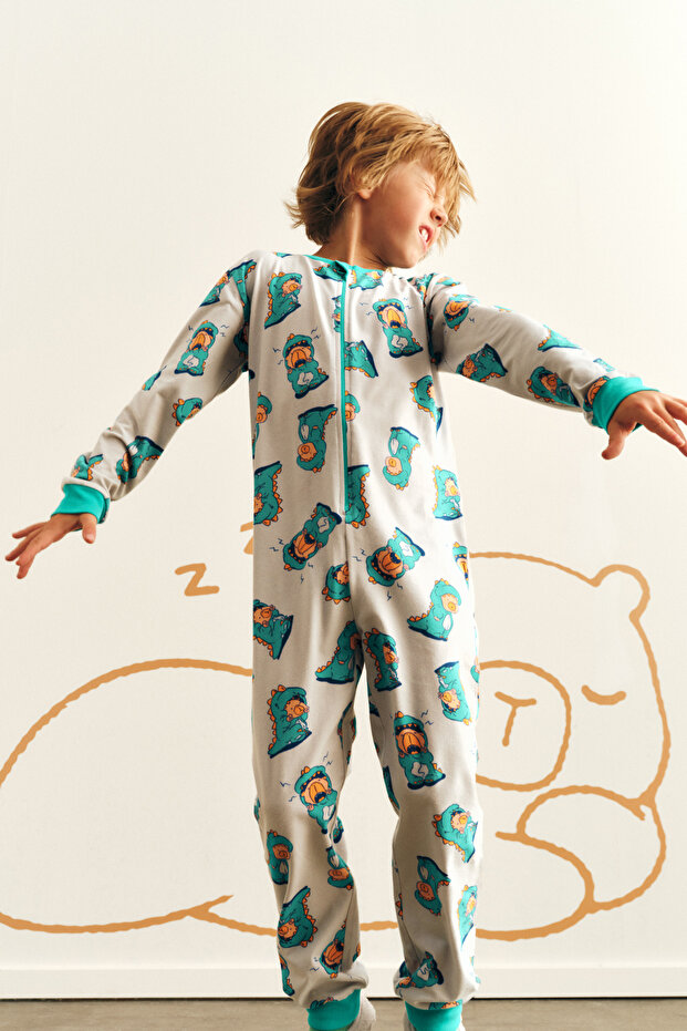 Boy's Gray Dino Power Cotton Long Sleeve Jumpsuit