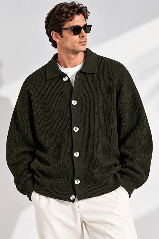 Men's Cardigan Oversize Fit Buttoned Polo Collar Knitwear Sweater Non-Stretch