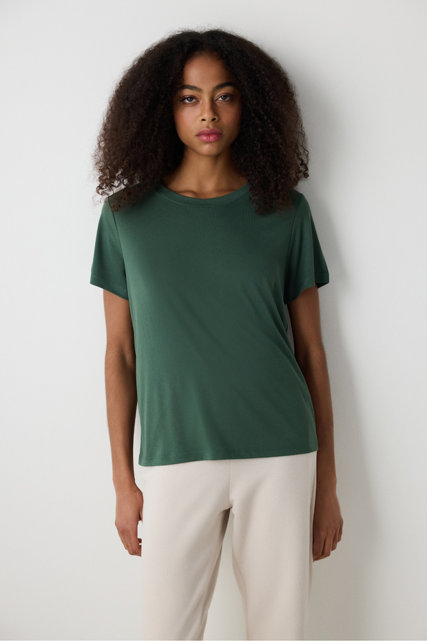 Khaki Crew Neck Regular Fit Modal T-Shirt