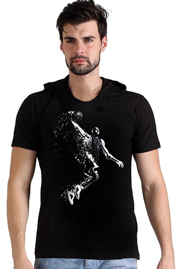 Pro Slam Dunk Black Hooded Short Sleeve Men's T-Shirt