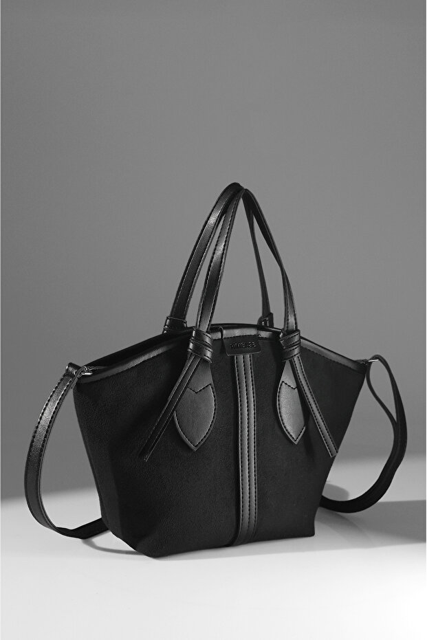 Women's Black Suede Black Faux Leather Zippered Lined Hand and Shoulder Bag