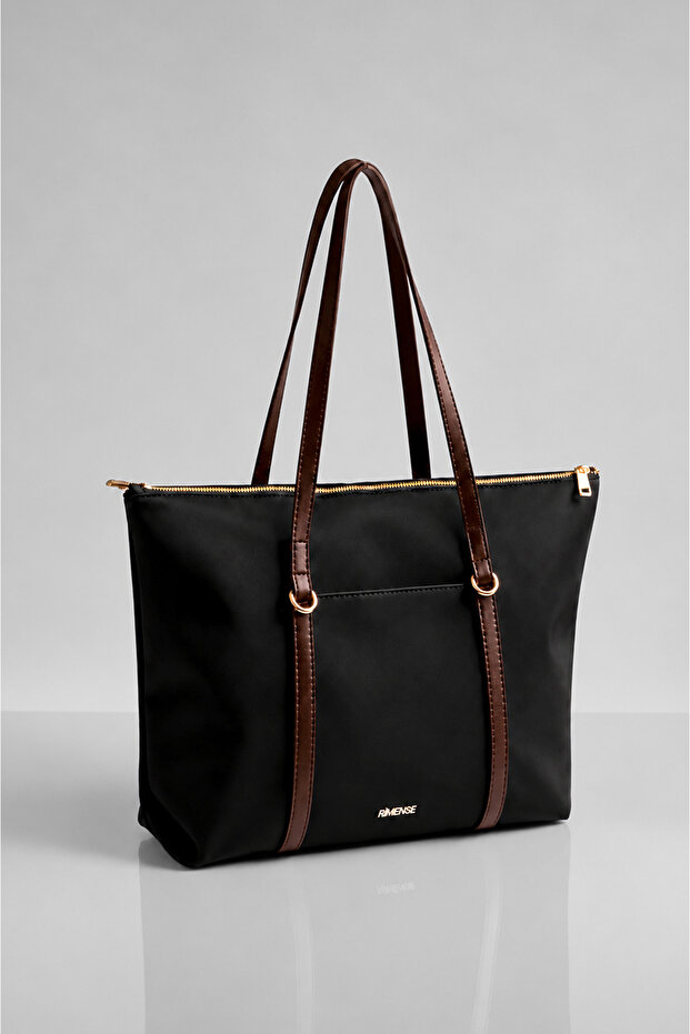 Women's Black Bitter Brown Handle Lined Hand and Shoulder Bag