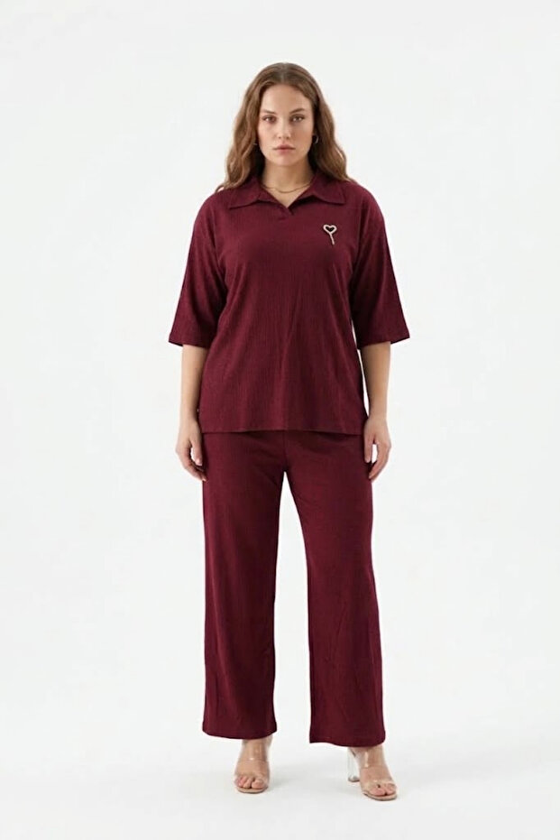 Bürümcük Fabric Brooch Detail Three Quarter Sleeve Top and Bottom Pants Set