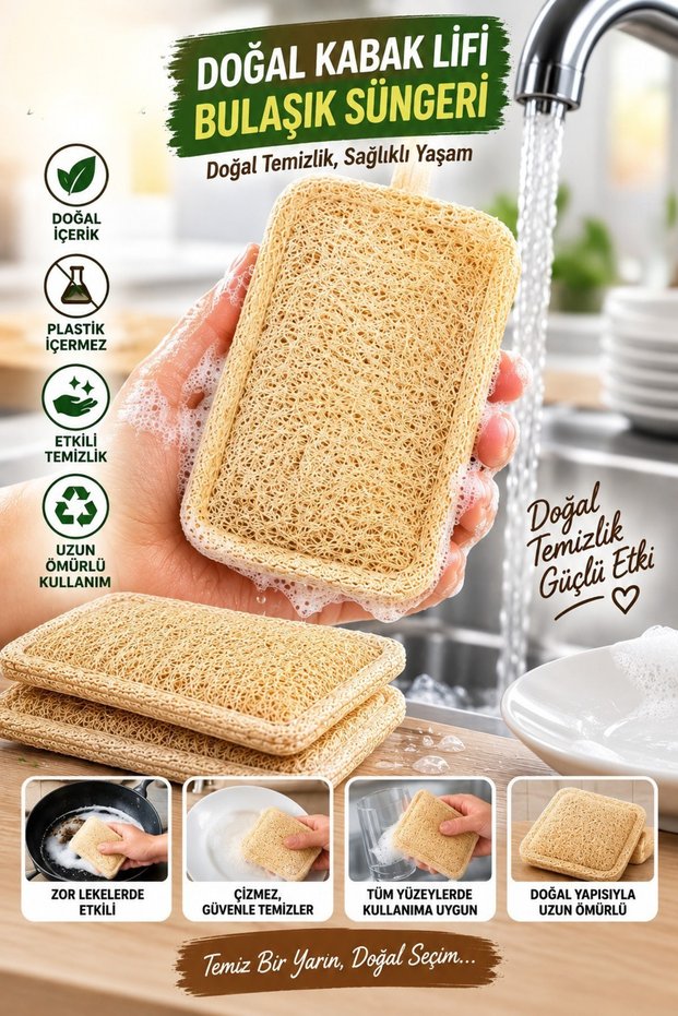 Natural Pumpkin Fiber Kitchen Sponge - Drawstring and Dishwashing