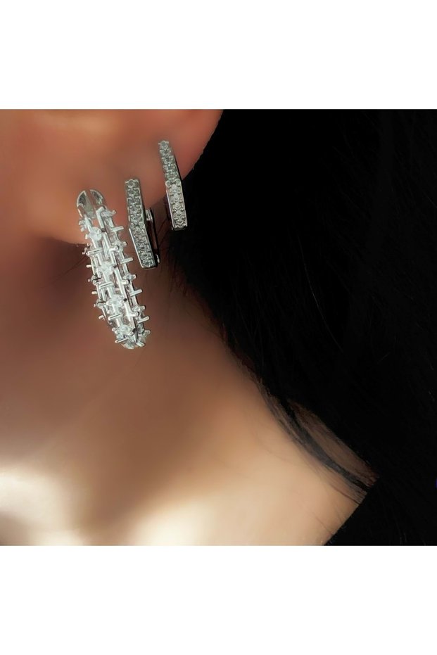 Triple Stone Square-Pentagonal Hoop Earrings Set-Silver Color Acr9345