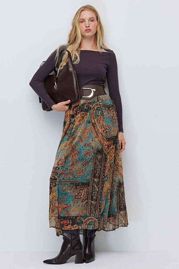 Women's Shawl Patterned Tulle Fabric Long Skirt