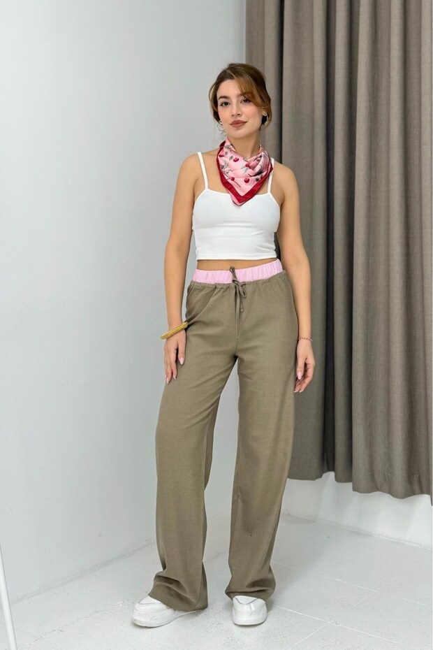 Brown High Waist Comfortable Cut Pants with Garnished Waist and Tie Detail