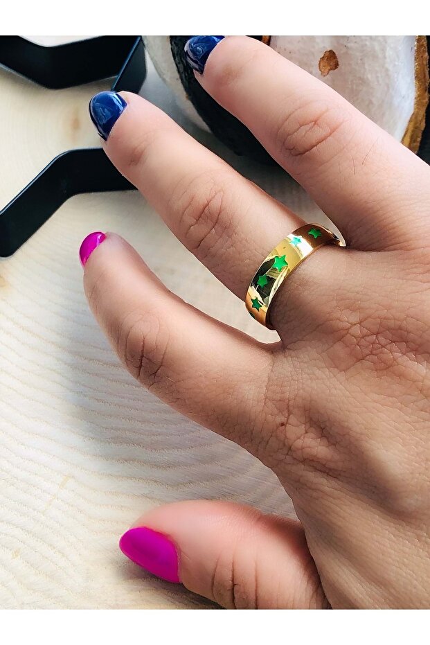Gold Color Green Star Patterned Steel Ring 316L5762-8No