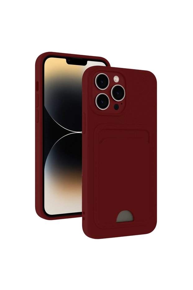 Apple iPhone 15 Pro Max Case Kelvin Silicone with Business Card Holder - Claret Red