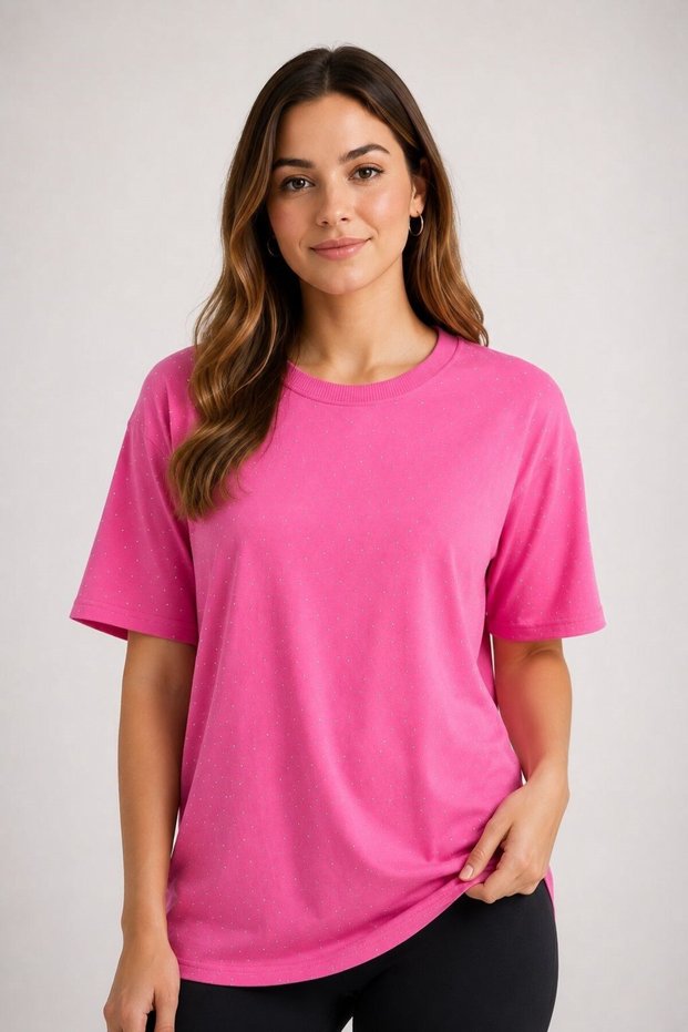 Pink Premium Cotton Crew Neck Comfortable Fit Short Sleeve Stone Detailed Knitted T-Shirt