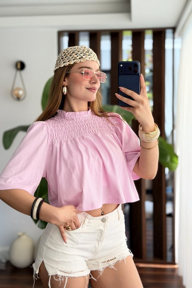 Pink Woven Fabric Crew Neck Short Sleeve Crop Form Modern Blouse with Pleated Detail on the Chest