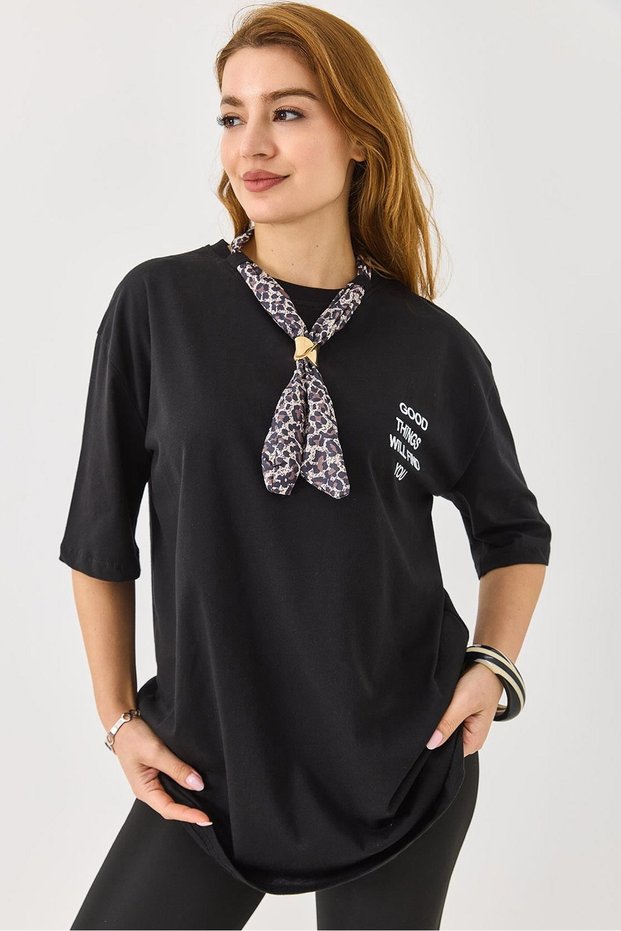 Black Cotton Crew Neck Drop Shoulder Oversize Knitted T-Shirt with Scarf and Lettering Embroidery Detail