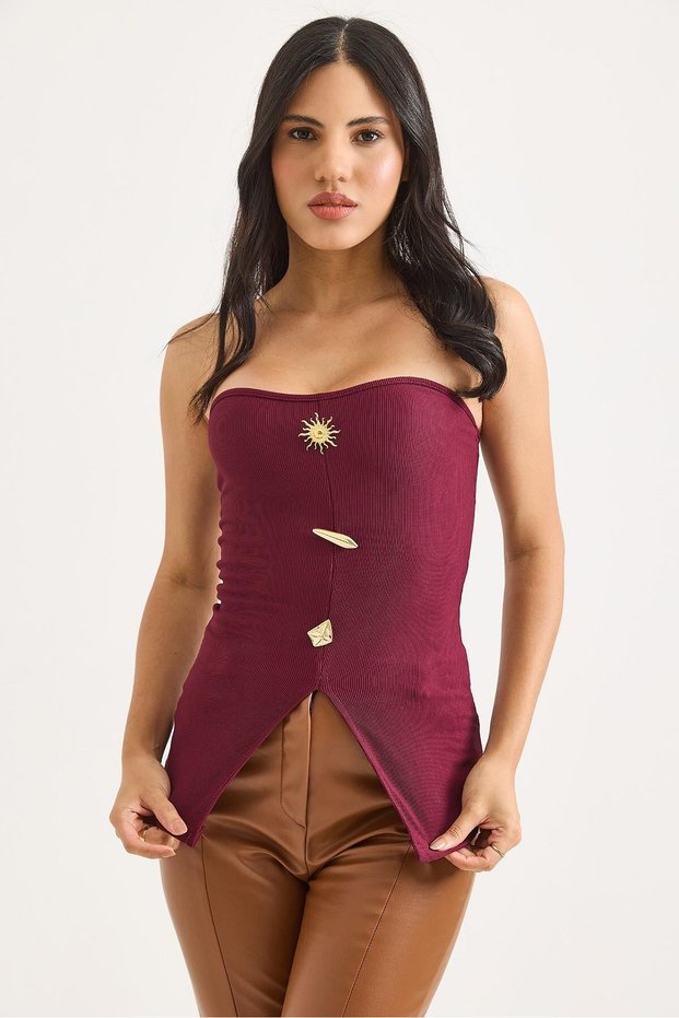 Burgundy Ottoman Fabric Strapless Collar Slim Fit Front Button Detailed Slit Knitted Blouse