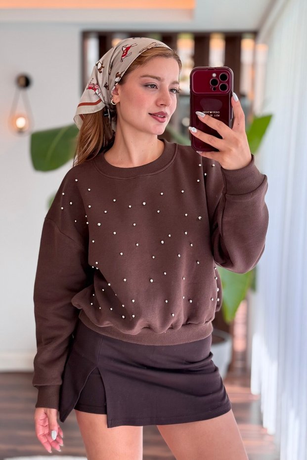 Brown Cotton Blend Crew Neck Long Sleeve Stone Detailed Comfortable Fit Sweatshirt