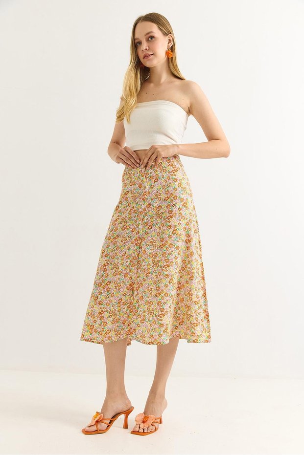 Orange Viscose Textured High Waist Relaxed Fit Buttoned Floral Patterned Casual Skirt