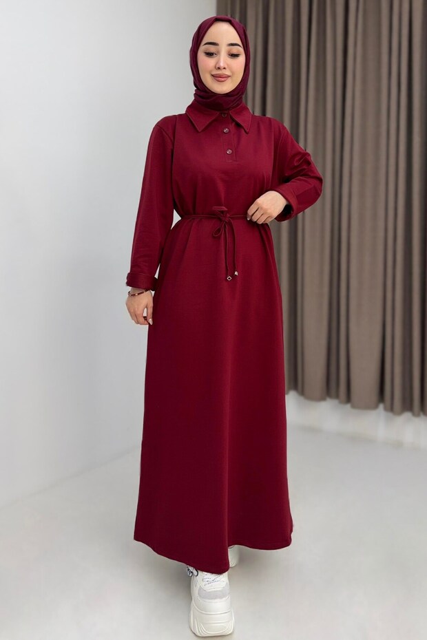 Burgundy Woven Fabric Polo Collar Long Sleeve Straight Cut Tie-Waist Basic Hijab Dress