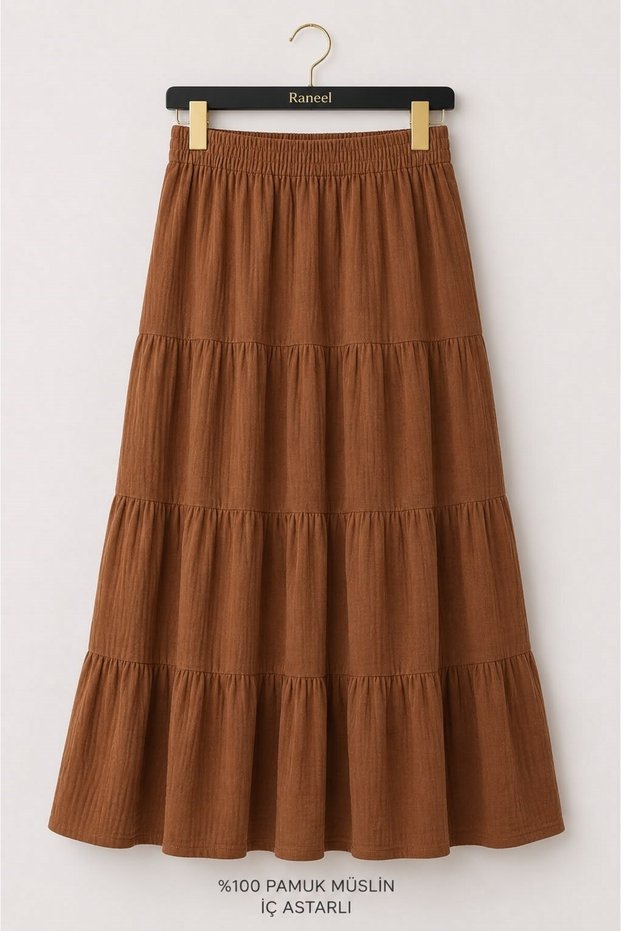 Tile Mulin Fabric Elastic Waist Layered Design Comfortable Cut Long Skirt with Inner Lining