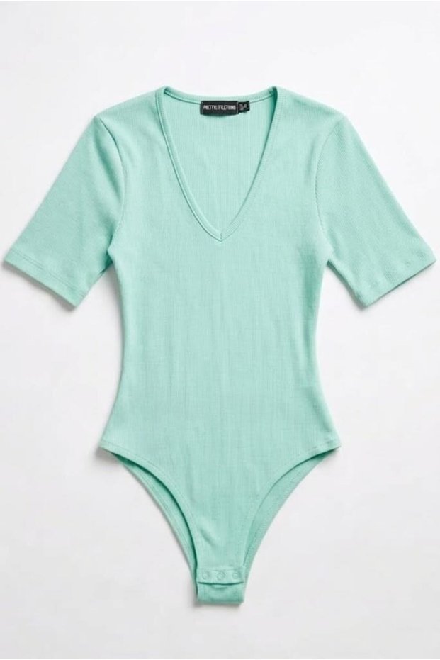 Light Green Stretchy Fabric V-Neck Short Sleeve Ribbed Knitted Bodysuit with Snap Buttons at the Bottom