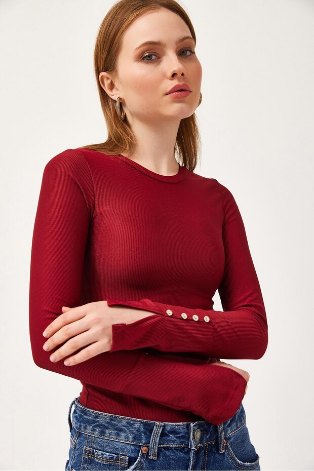 Burgundy Cotton Blend Crew Neck Long Sleeve Slim Fit Cuff Button Detailed Ribbed Blouse