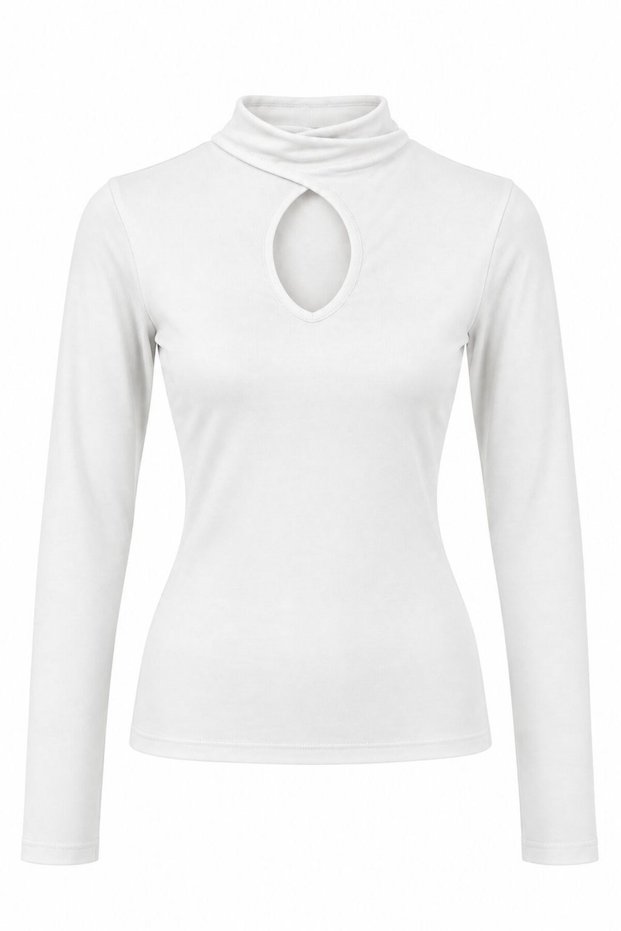 White Polyester Fabric Turtleneck Long Sleeve Low-Cut Bustline Slim Fit Blouse