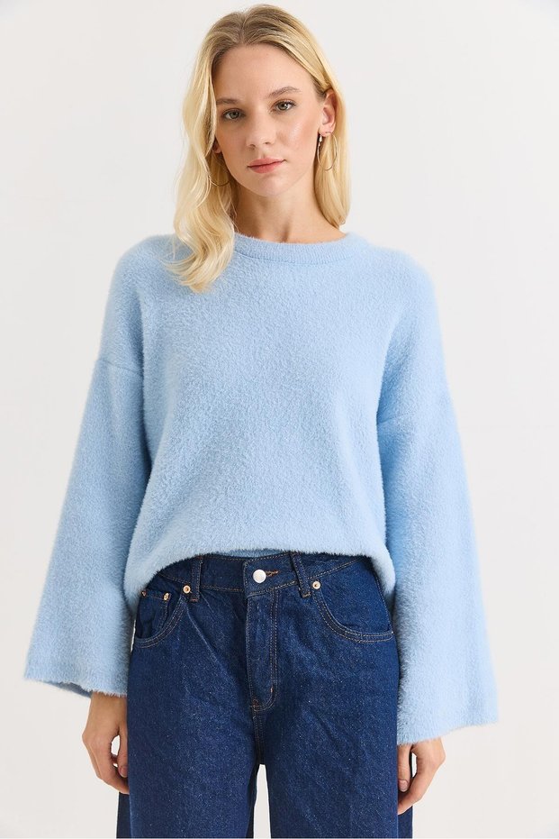 Blue Soft Fuzzy Textured Crew Neck Oversize Wide Sleeve Drop Shoulder Knitwear Knitted Sweater