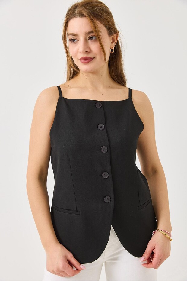 Black Lined Thin Strap Vest with Stitching Detail and Different Buttons, Regular Fit Form Vest