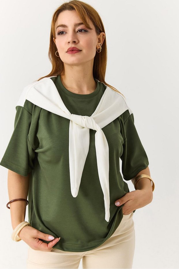 Khaki Stretchy Textured Crew Neck Short Sleeve Comfortable Fit Shoulder Tie Detail Knitted T-Shirt