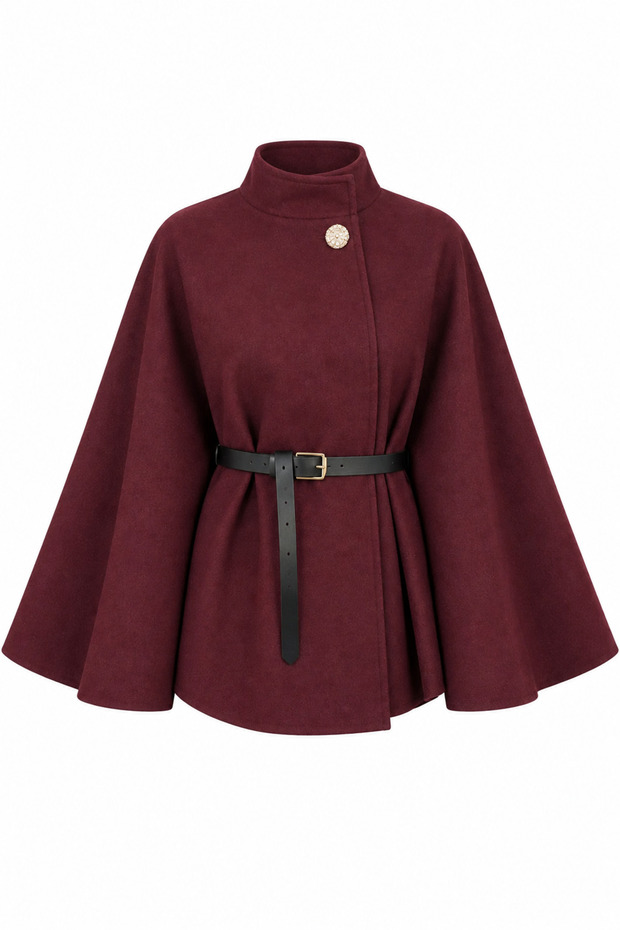 Women's Oversize Comfortable Fit Belted Stand Collar Buttoned Belted Poncho