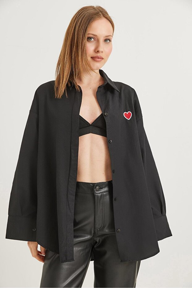 Black Cotton Blend Shirt with Collar, Oversized Cut, Heart Embroidery Detail, Basic Shirt