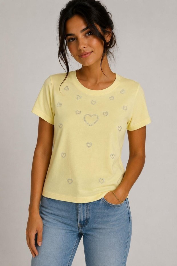 Yellow Crew Neck Short Sleeve Modern Cut Heart Stone Printed Blouse Suitable for Daily Use
