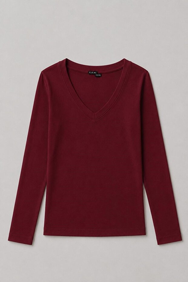 Burgundy Viscose Lycra Stretch Fabric V-Neck Long Sleeve Slim Fit Knitted Basic Piece Blouse