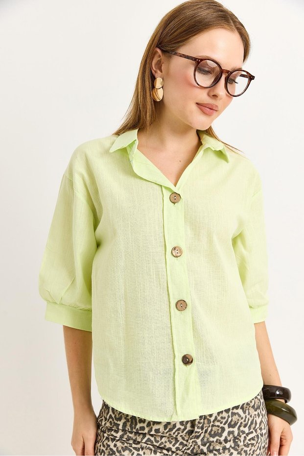 Pistachio Green Linen Textured Three-Quarter Sleeve Shirt with Collar and Wooden Buttons, Relaxed Fit Shirt