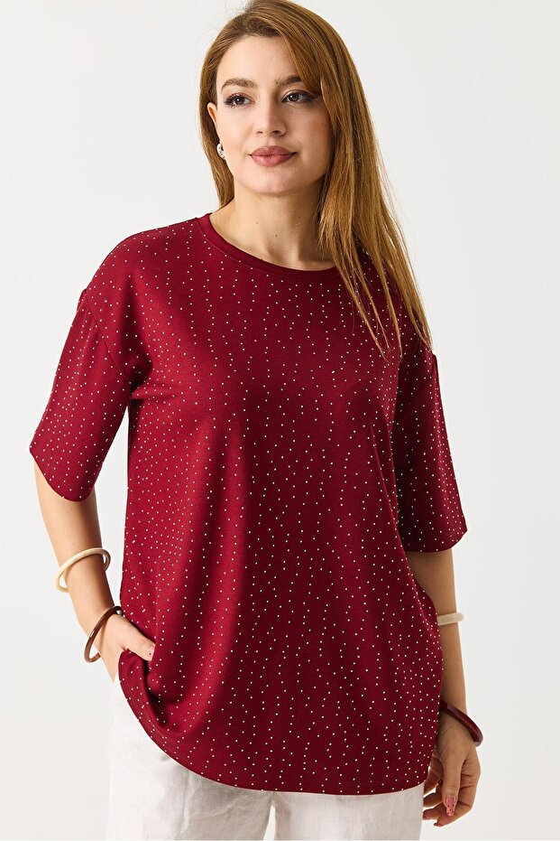 Burgundy Crew Neck Short Sleeve Oversize Wide Cut Shiny Stone Detailed Knitted T-Shirt
