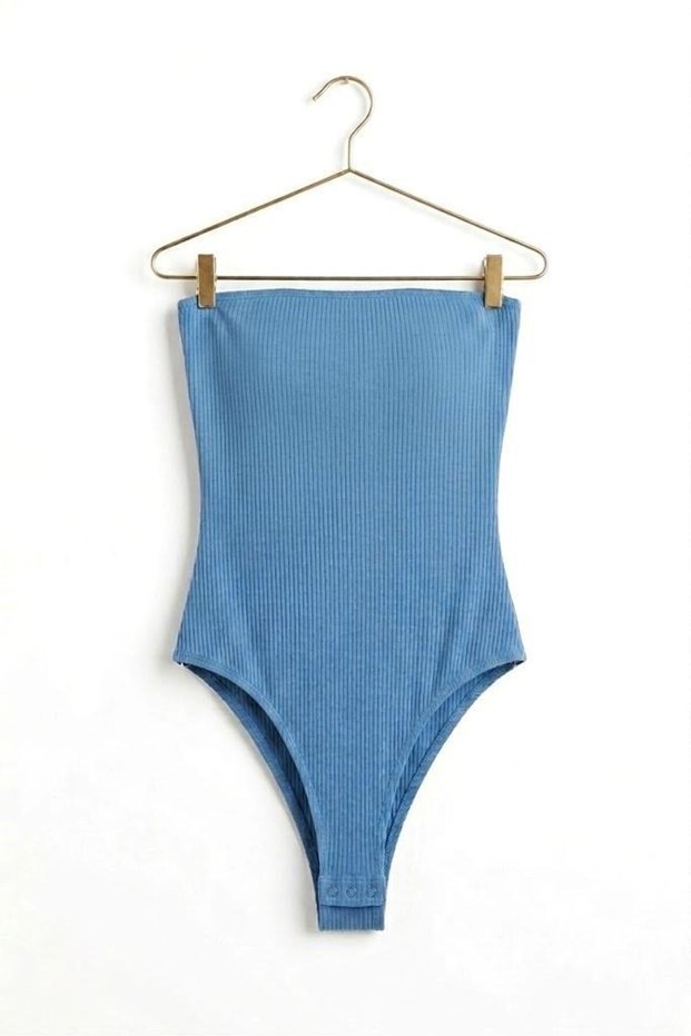 Blue Corded Stretch Fabric Strapless Neckline Bodycon Bodysuit Blouse with Snap Buttons at the Bottom
