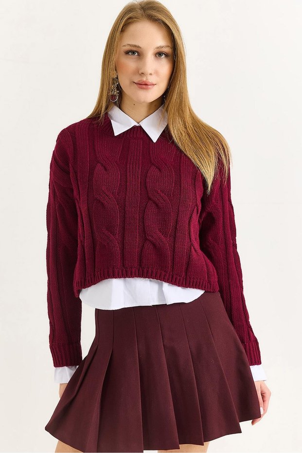 Burgundy Knitted Textured Crew Neck Long Sleeve Crop Form Garnished Shirt Detailed Sweater