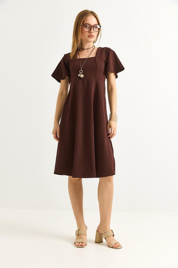 Brown Crepe Fabric Square Neck Short Flounce Sleeves Midi Length Flared Cut Dress