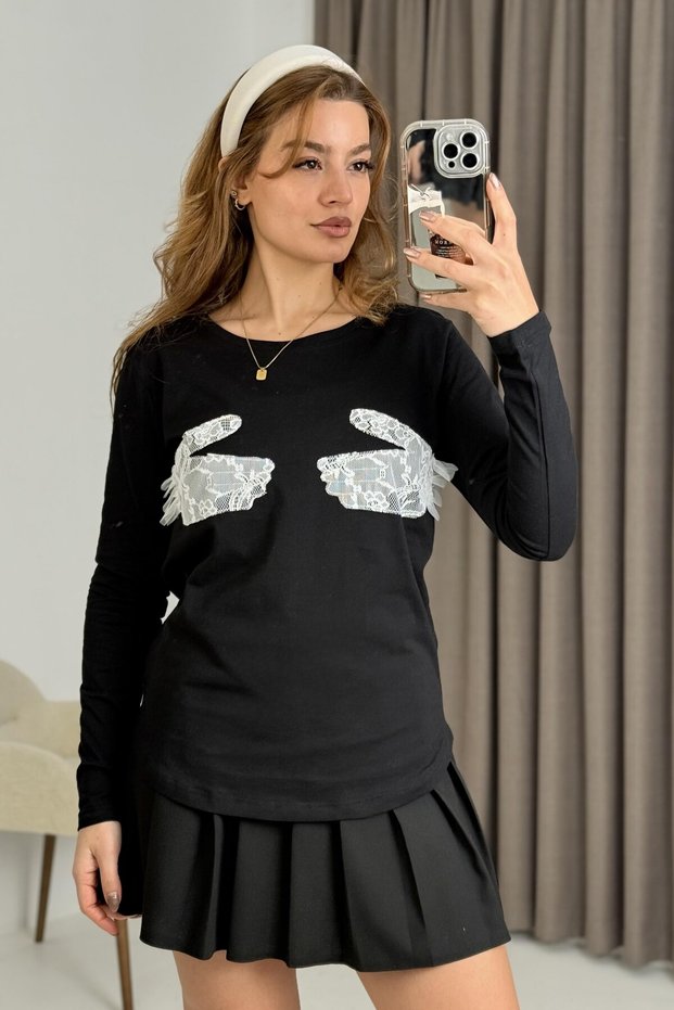 Black Stretchy Textured Long Sleeve Crew Neck Comfortable Fit Knitted T-Shirt with Guipure Detail