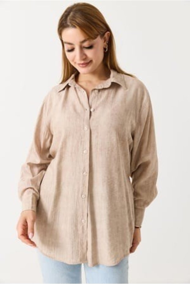 Mink Stretch Fabric, Waist Tie Detail, Comfortable Cut, Long Sleeve Buttoned Shirt