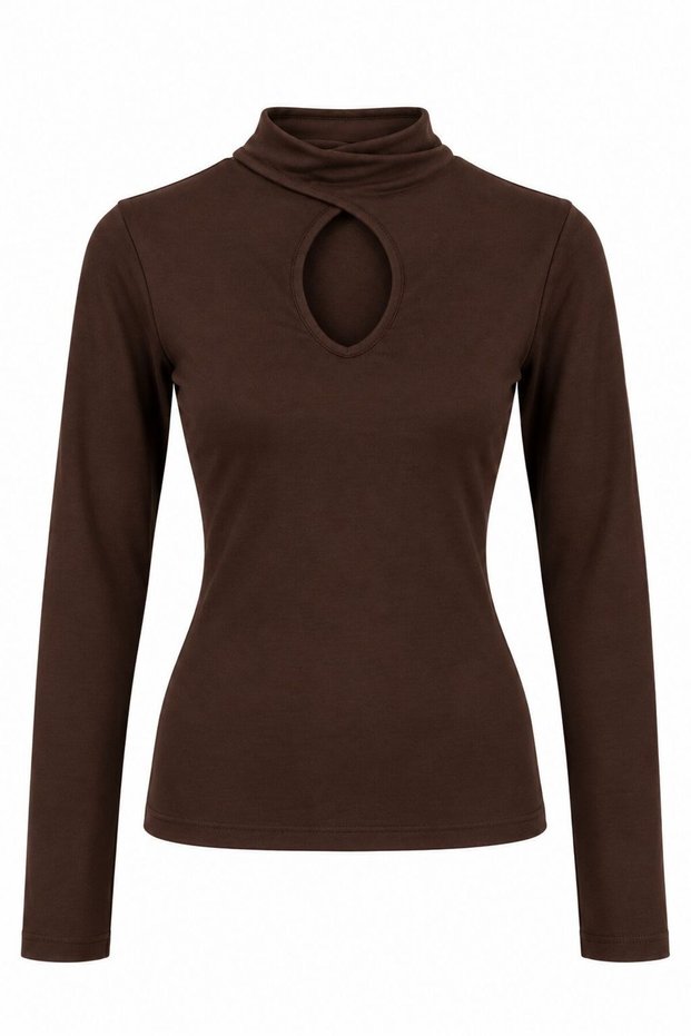 Coffee Polyester Fabric Turtleneck Long Sleeve Slim Fit Chest Cutout Knitted Blouse