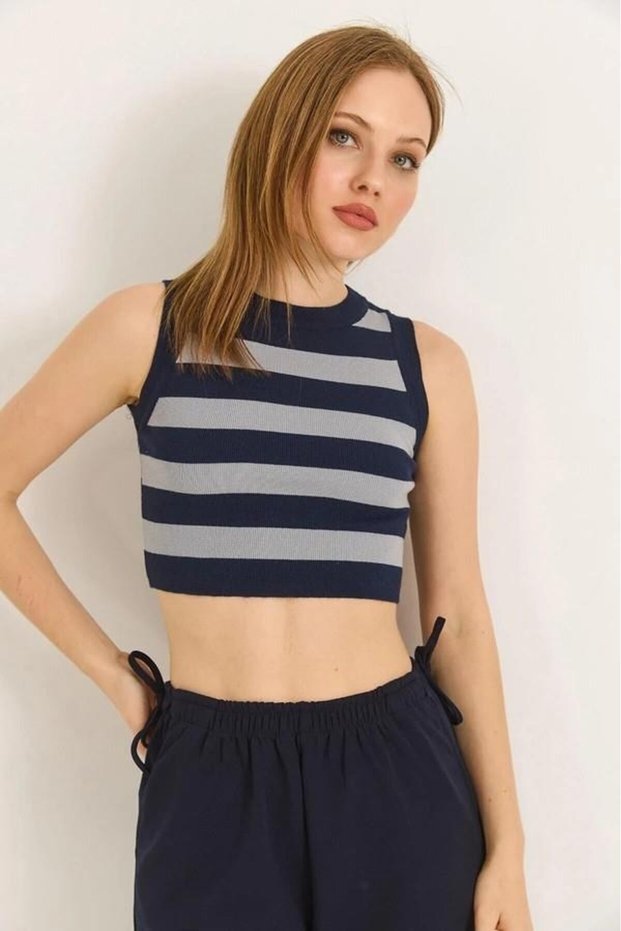 Navy Blue Knitwear Fabric Zero Sleeve Crew Neck Striped Patterned Tight Fit Crop Blouse